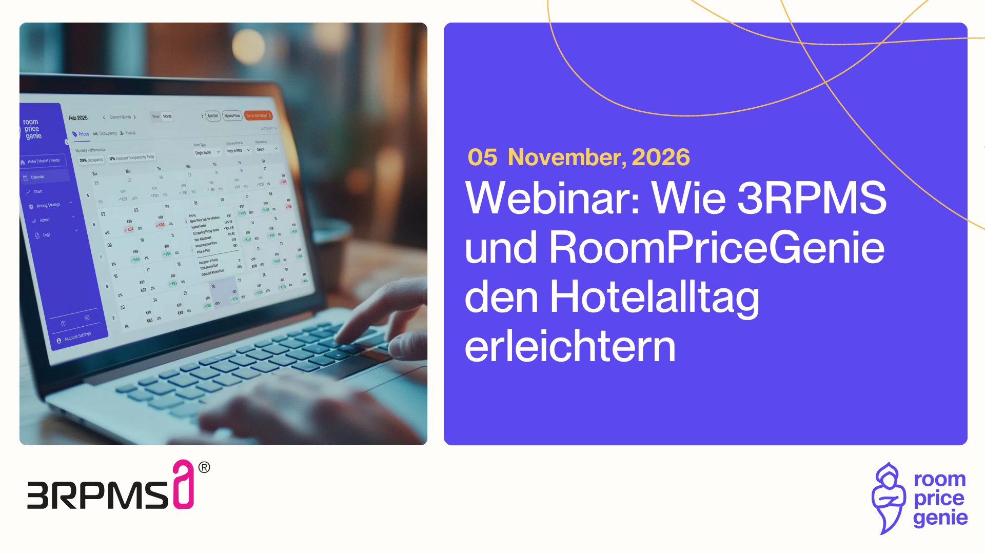 58 % der DACH-Hotels setzen beim Pricing noch auf manuelle Prozesse, Excel oder ein PMS ohne Schnittstelle zu führenden Revenue-Management-Systemen. Weltweit sind es 43 %. Gleichzeitig erreichen nur 8 % der DACH-Hotels den „Strategic“-Tier im Revenue Management - global sind es 21 %.

Was steckt dahinter? Nicht fehlendes Know-how, sondern häufig eine Systemlücke: PMS und Revenue Management arbeiten nicht nahtlos zusammen und Pricing wird dadurch schnell zur manuellen Aufgabe, die im hektischen Hotelalltag liegen bleibt.

In diesem Webinar zeigen dir 3RPMS und RoomPriceGenie live, wie es anders geht. Keine zwei getrennten Produkt-Demos, sondern ein durchgehender Ablauf: Eine Buchung kommt in 3RPMS rein, und RoomPriceGenie passt den Preis im selben Moment automatisch an. Du siehst direkt, was sich in deinem Alltag verändert, wenn beide Systeme zusammenspielen.

Die Integration, die bisher gefehlt hat, gibt es jetzt.