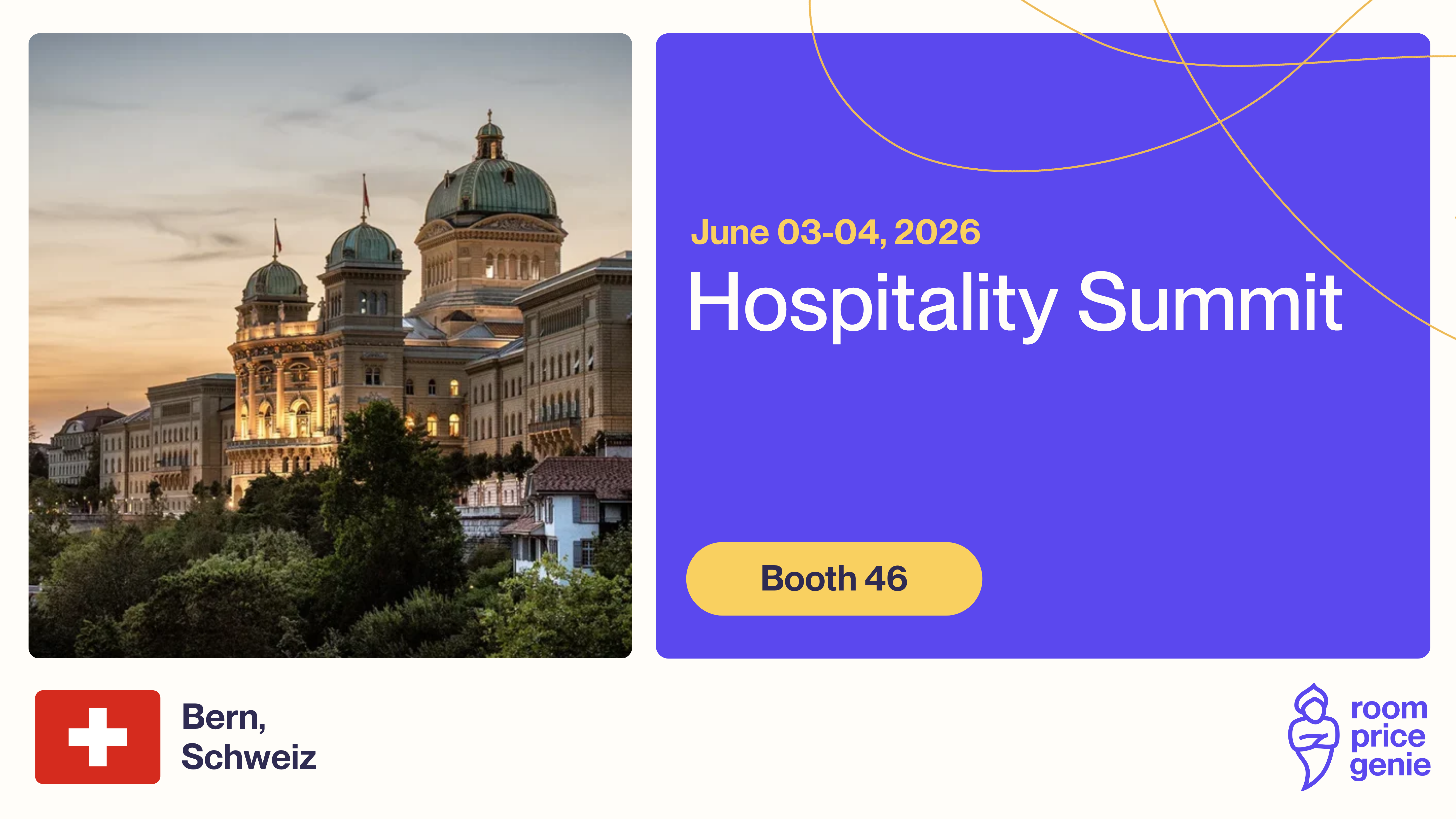 The Swiss hospitality scene comes together in Bern this June and we'll be right there with it.
Stop by the RoomPriceGenie stand number 46 to talk revenue strategy, explore what automated pricing looks like in practice, and connect with hoteliers who've already ditched the spreadsheets. Whether you're just exploring smarter pricing or ready to make a move, we'd love to meet you. See you in Bern!
